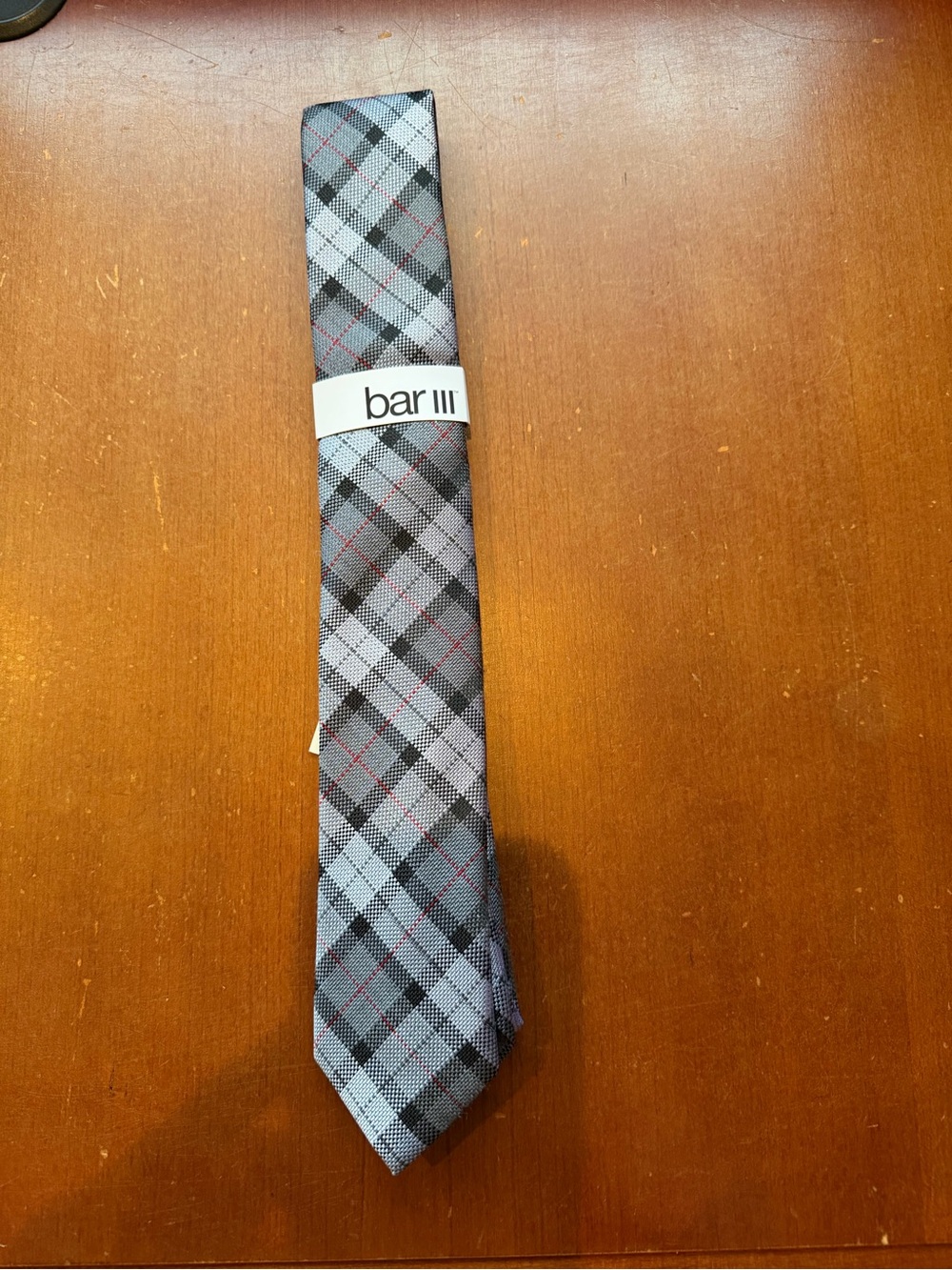 Bar III Gray Plaid Tie with Black and Red Accentsz
